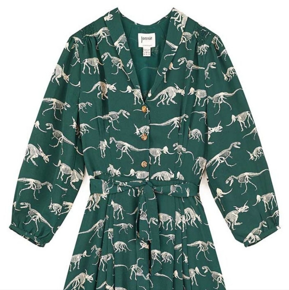 NWT UK 12 US 8 Joanie "Barbara" Dinosaur Dress, Green T-Rex print, Dino Novelty
